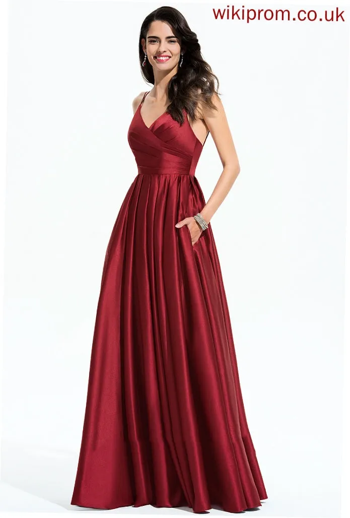 A-Line Aliza Floor-Length Pleated Satin With V-neck Prom Dresses