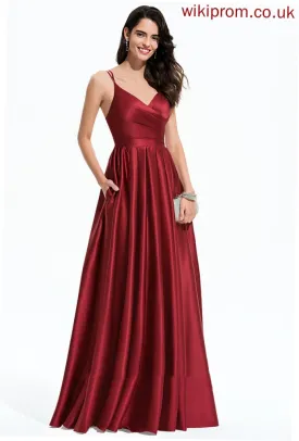 A-Line Aliza Floor-Length Pleated Satin With V-neck Prom Dresses