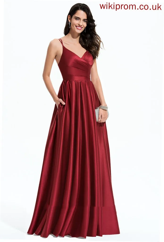 A-Line Aliza Floor-Length Pleated Satin With V-neck Prom Dresses