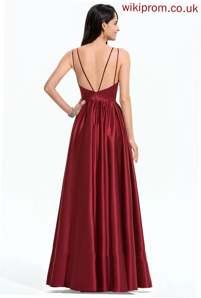 A-Line Aliza Floor-Length Pleated Satin With V-neck Prom Dresses