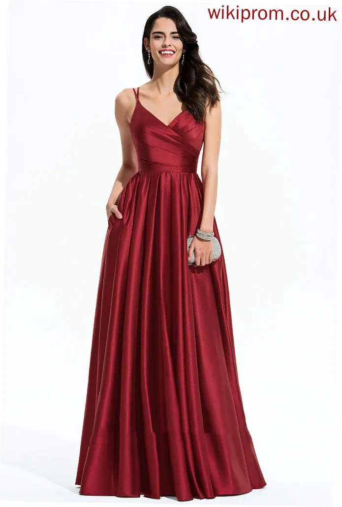 A-Line Aliza Floor-Length Pleated Satin With V-neck Prom Dresses
