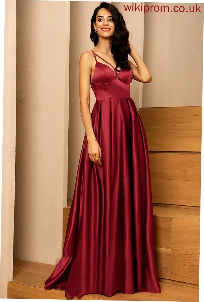 A-Line Bailey Pockets Front Prom Dresses V-neck Split With Floor-Length Satin