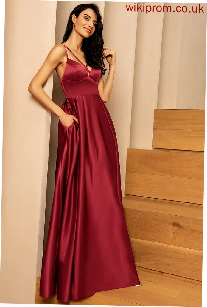 A-Line Bailey Pockets Front Prom Dresses V-neck Split With Floor-Length Satin