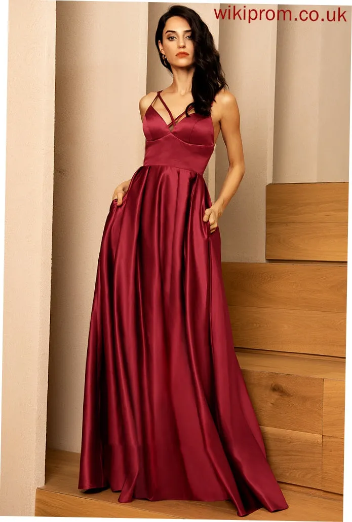 A-Line Bailey Pockets Front Prom Dresses V-neck Split With Floor-Length Satin