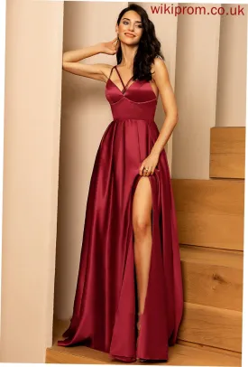A-Line Bailey Pockets Front Prom Dresses V-neck Split With Floor-Length Satin
