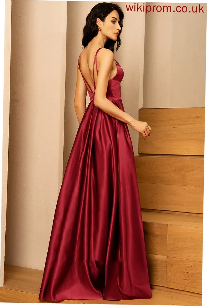 A-Line Bailey Pockets Front Prom Dresses V-neck Split With Floor-Length Satin