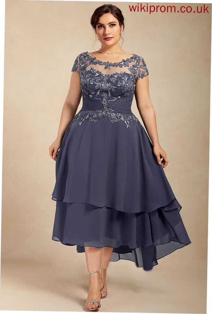 A-Line Beading Lace Cocktail Asymmetrical Scoop Dress Cocktail Dresses With Helen Chiffon Neck