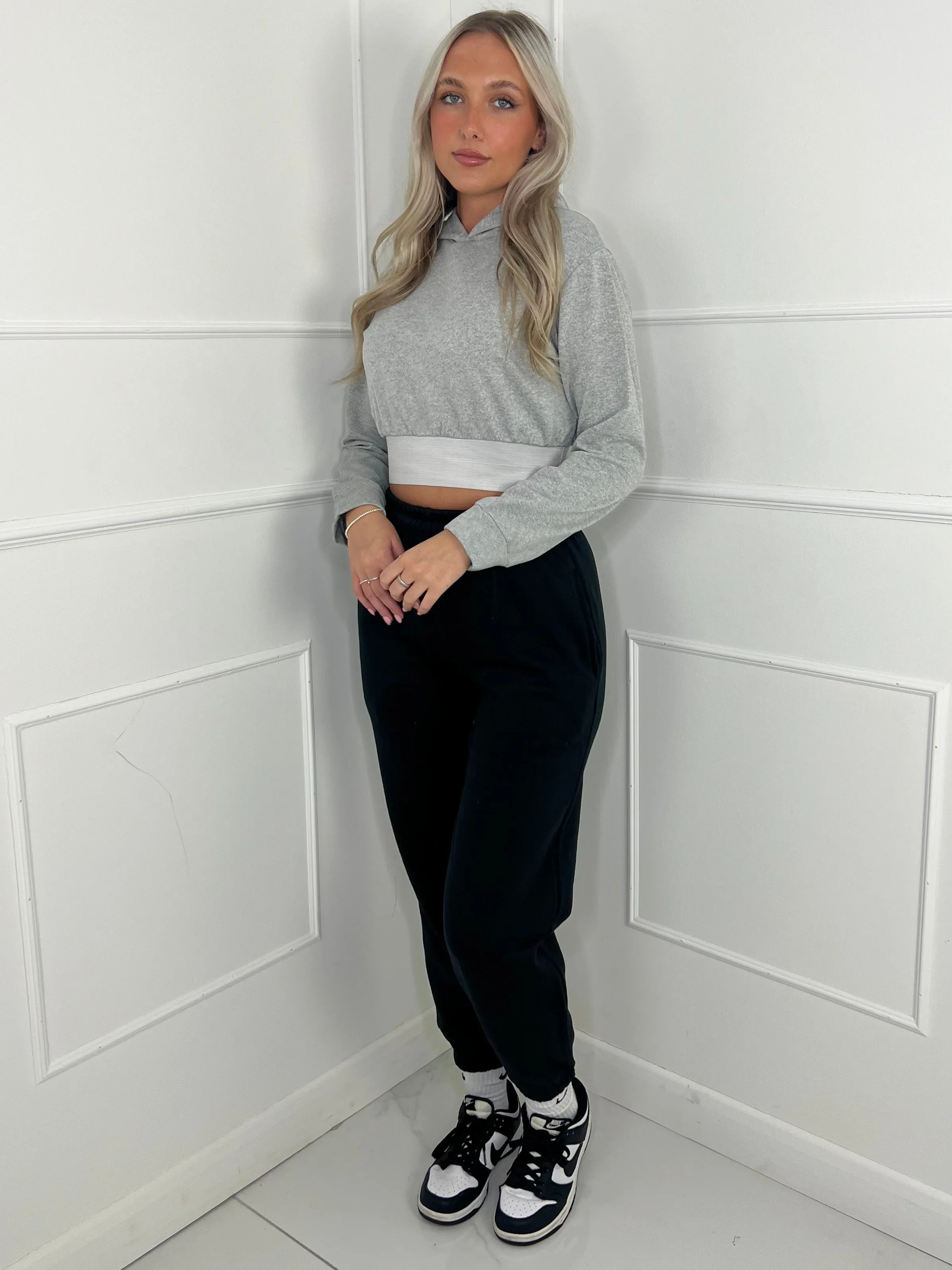 Band Detail Cropped Hoodie - Grey
