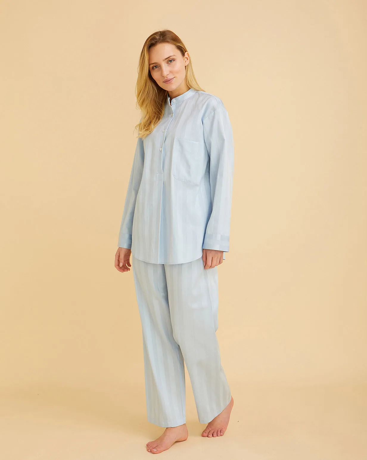 Women's Satin Stripe Cotton Pyjamas - Sky