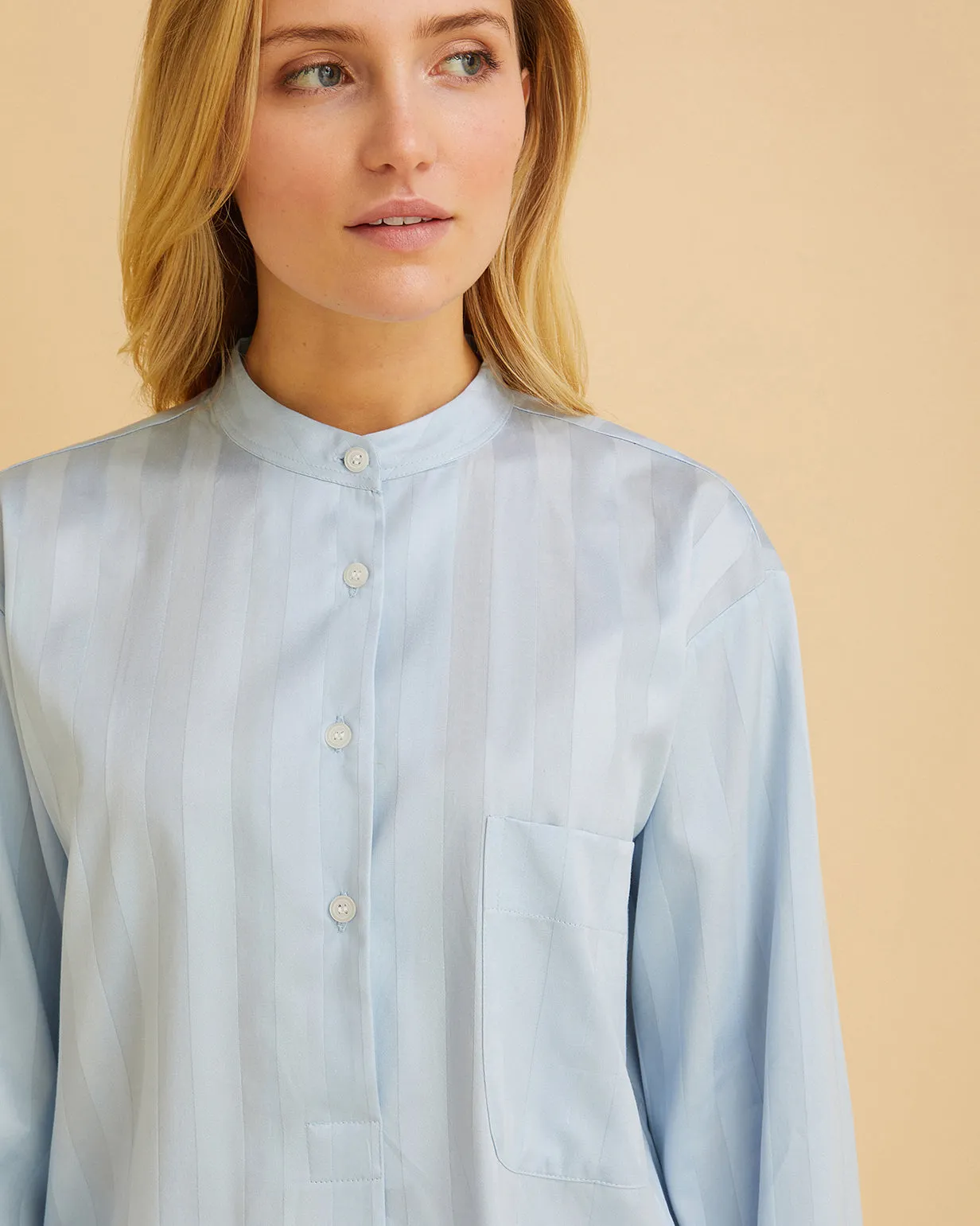 Women's Satin Stripe Cotton Pyjamas - Sky