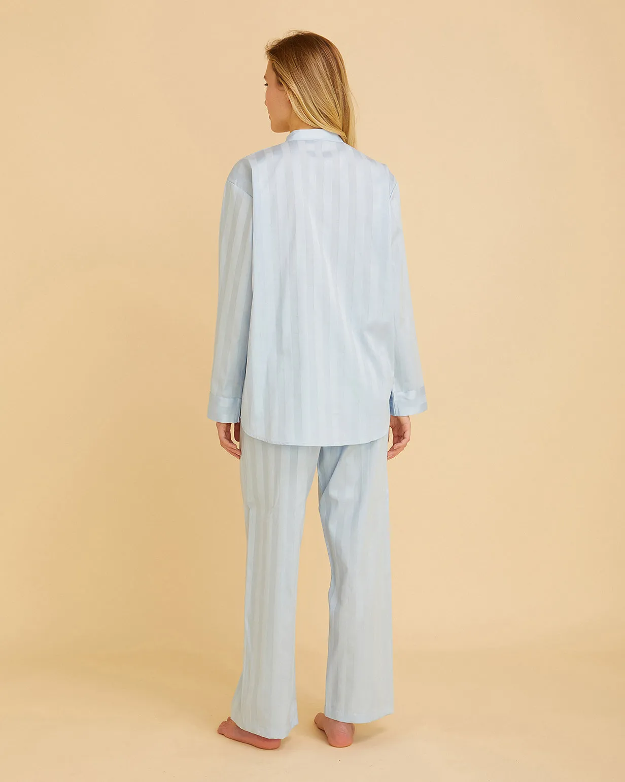 Women's Satin Stripe Cotton Pyjamas - Sky